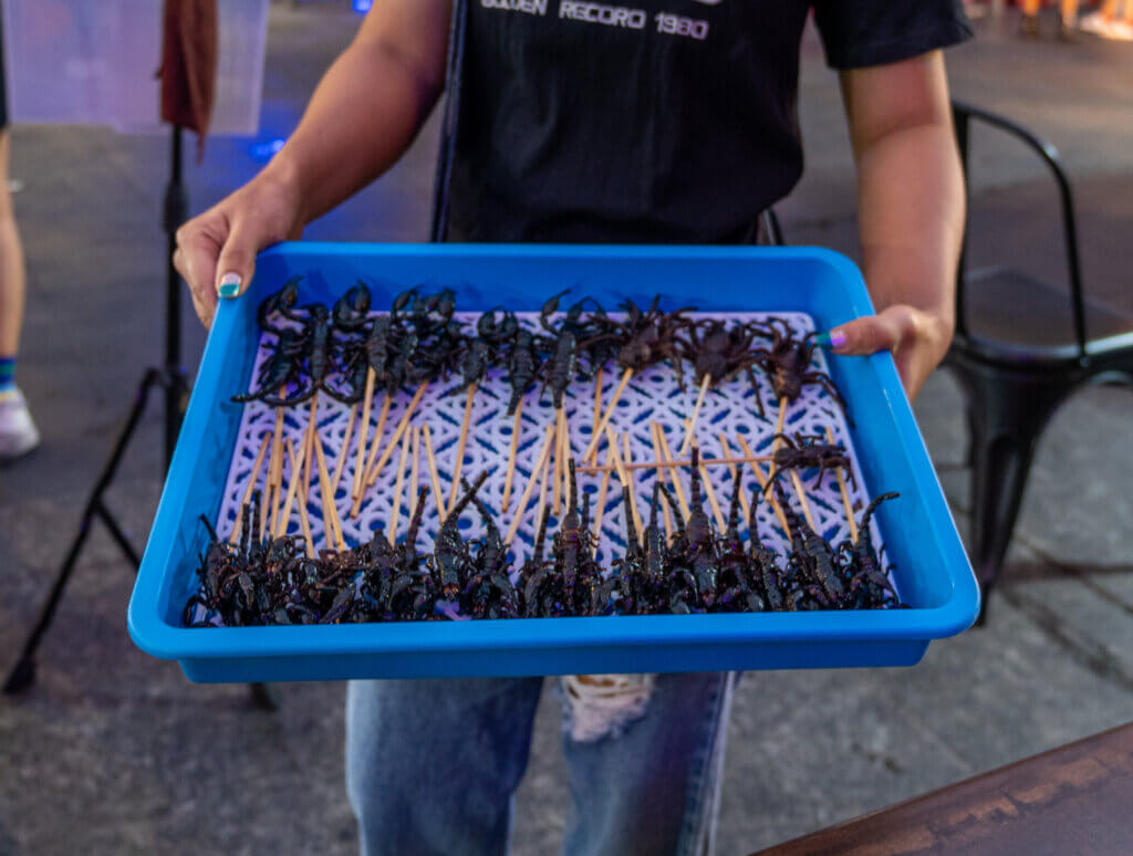 Bug served on a stick in Bangkok, Thailand